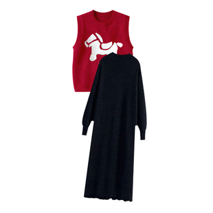 孕妇连衣裙套装秋冬2026新款韩版喜庆过年红马甲打底裙针织两件套