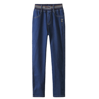 松紧腰带牛仔裤女弹力高腰直筒