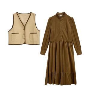 紫涵复古美拉德绒感中长款连衣裙马甲背心外套两件套装女冬季新款