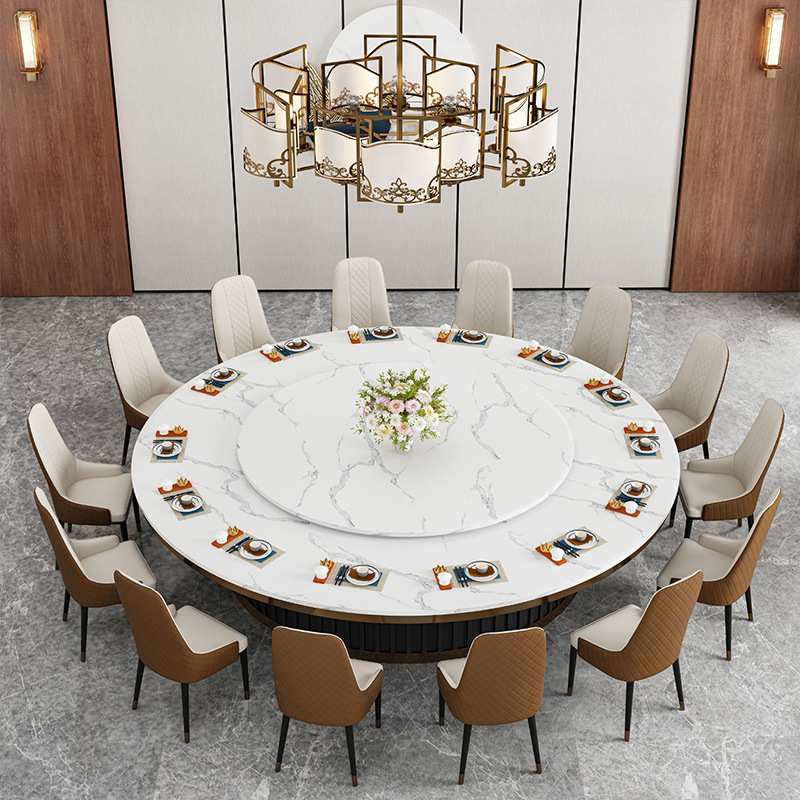 新中式酒店餐桌电动转盘带电磁炉大圆桌包厢16人20人岩板圆桌餐椅