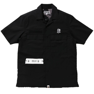 BAPE男装春夏猿军刺绣徽章字母标签纯色短袖衬衫13102XG