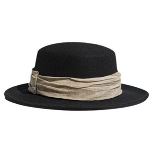 疯帽子 英伦风纯羊毛呢平顶礼帽 时尚褶皱丝带装饰设计秋冬新