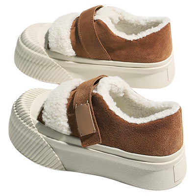 羊毛版~真皮冬季厚底毛毛鞋魔术贴板鞋加绒保暖运动休闲鞋女棉鞋