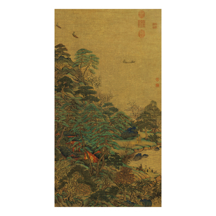 唐 李思训 江帆楼阁图竖轴山水画真迹微喷临摹画稿挂轴临摹装饰画