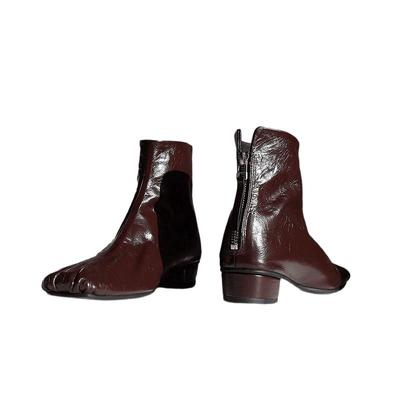 方头牛皮粗跟拉链短靴踝靴栗棕