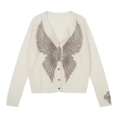 TCH【100%绵羊毛】春款烫钻蝶翼米白色V领针织开衫女T78A43E1078