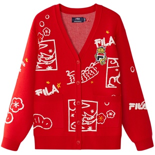 FILA龘龘龙系列童装冬季新款服装中大童新年女童红色毛衣针织外套