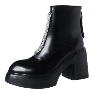 10cm高跟真皮马丁靴女2025年新款时尚水钻尖头白色松糕厚底短靴子