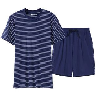 男士夏季新款水柔棉圆领系绳条纹短袖短裤休闲家居服套装轻微瑕疵