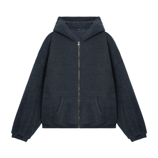 鹿家门春季加绒连帽卫衣外套男大码宽松情侣装健身保暖美式开衫男