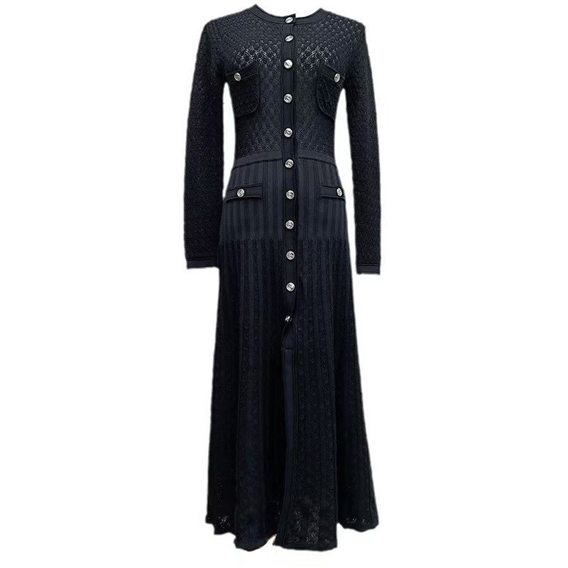 跨境镂空长袖长裙秋季圆领背心裙修身法式针织连衣裙midi dresses