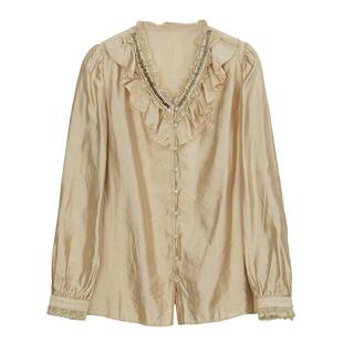 谜底V领衬衫长袖女士秋新品通勤风气质蕾丝花边衬衣243MC1155