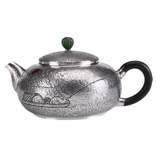 纯银一张打200毫升迷你泡茶壶功夫茶冲泡壶足银带过滤网镶金雕刻