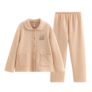 芬腾空气棉睡衣女冬款秋冬季纯棉夹层长袖家居服薄款夹棉加厚套装