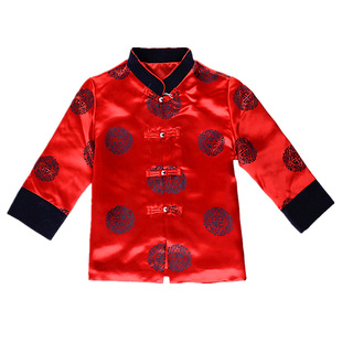 男童唐装丝绸缎面加厚上衣冬季夹棉红色喜庆拜年马甲演出服新年装