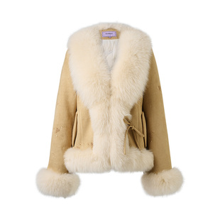 MAXRIENY松绒系穿搭狐狸毛领羽绒服女25冬款麂皮巴恩风外套慵懒感