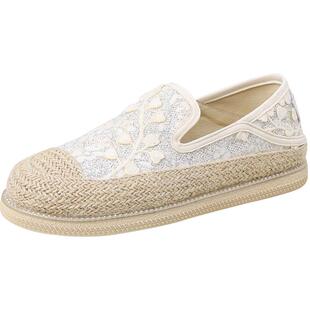 Safiya索菲娅新款国风网面透气防滑平底休闲懒人草编渔夫鞋女单鞋