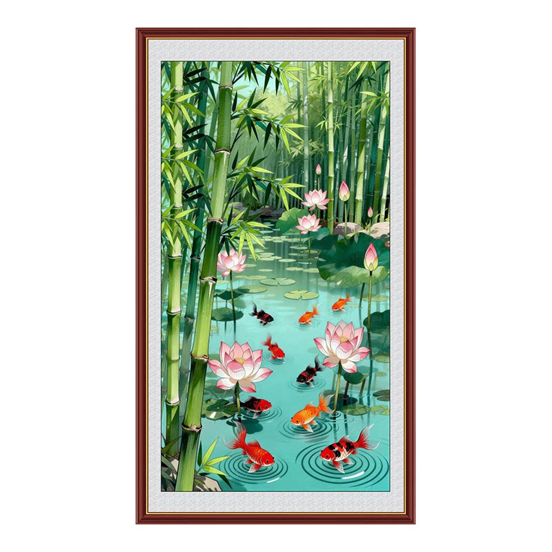 新中式锦鲤荷花竹子装饰画玄关客厅九鱼图无框画自粘贴画