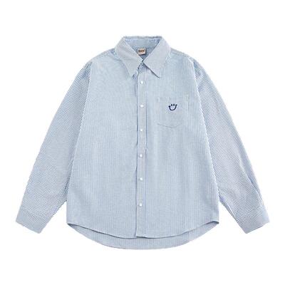 Cattee笑脸刺绣条纹长袖衬衫男女同款春秋季宽松百搭情侣上衣衬衣