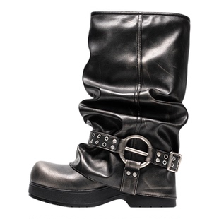 多嘴驴Donkey堆堆靴女冬季厚底增高骑士靴百搭裤管靴银黑色长筒靴