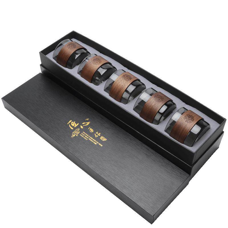 景福匠心耐热木扣防烫刻字玻璃杯黑色单杯高档功夫茶品茗杯礼盒装