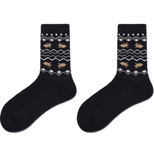 BellaLily黑色百搭羊毛袜子女卡通条纹袜秋冬保暖中筒袜无骨棉袜