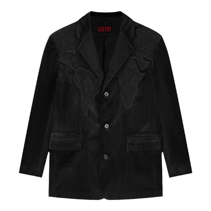 DICETINY 蕾丝地图logo丝绒西装男秋季宽松百搭情侣西服外套潮牌