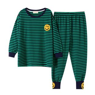 秋季新款条纹笑脸睡衣女纯棉长袖长裤宽松套头可外穿秋冬季家居服