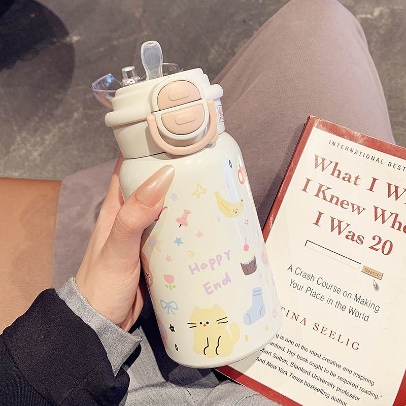 可爱小猫保温杯女生高颜值316双饮水杯学生上学专用便携吸管杯子