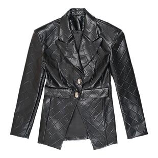 QUORRA S CHORD原创设计复古收腰皮衣格纹暗纹西装外套