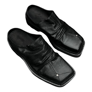 暗黑复古方头德比鞋男女褶皱乐福鞋懒人鞋休闲皮鞋包头半拖穆勒鞋