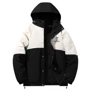 FIDODIDO90鸭绒户外撞色刺绣拼接加绒加厚防寒保暖连帽时尚羽绒服