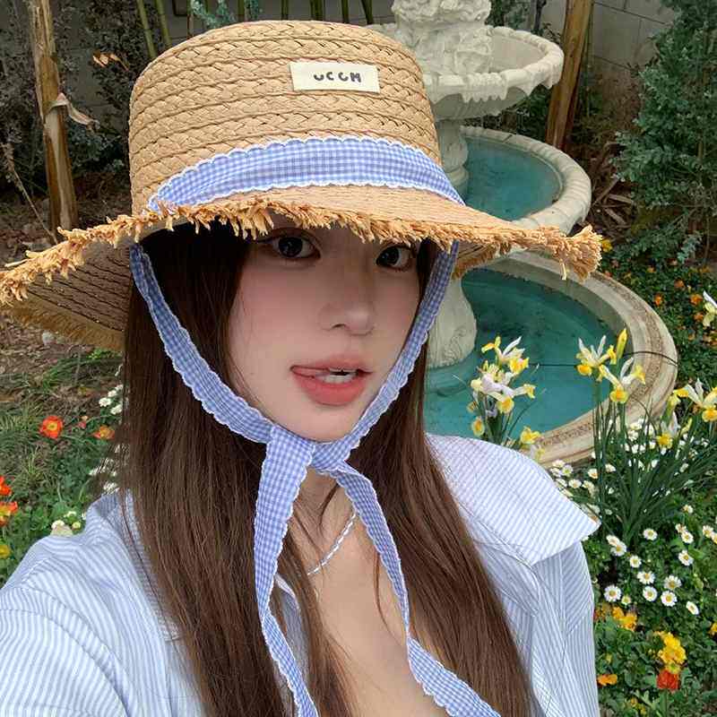 2025年新款大檐ins草帽清新帽小织带甜美草编夏季度假女遮阳海边