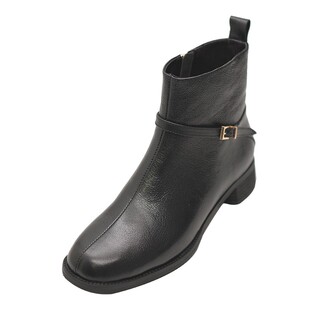 步享~头层羊皮短靴女软底杏色通勤圆头皮带扣平底真皮百搭瘦瘦靴