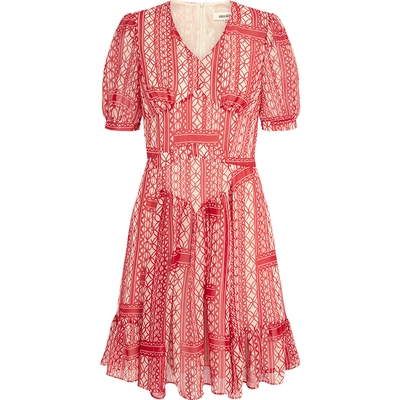 拼色几何印花V领泡泡袖连衣裙