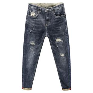 破洞牛仔裤男2025春秋新款痞帅百搭修身潮流小脚潮牌高端九分长裤
