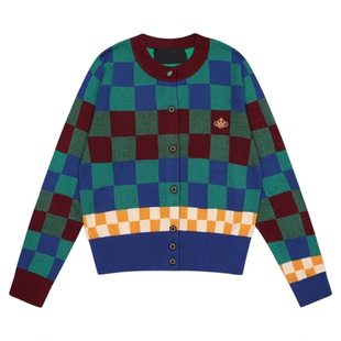 VIVIPUOOWD撞色棋格土星刺绣针织开衫毛衣女四季款百搭圆领上衣