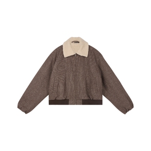 oneup羊毛格子呢羊羔拉链棉服冬季复古羊羔毛领高级感夹克男女款