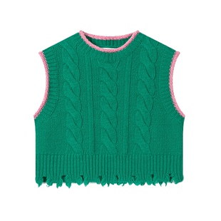 【fafamoon设计师品牌】夏季破坏下摆拼色麻花绿色修身背心马甲女