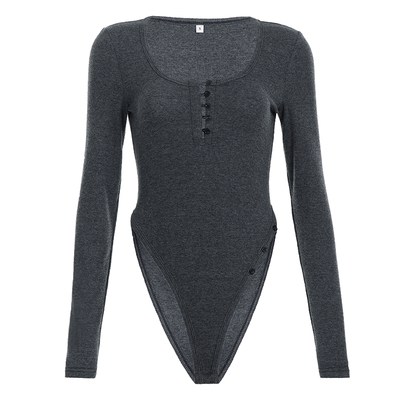 WEEKEEP 纯色性感低胸半开领高叉连体衣女辣妹显瘦百搭长袖上衣潮