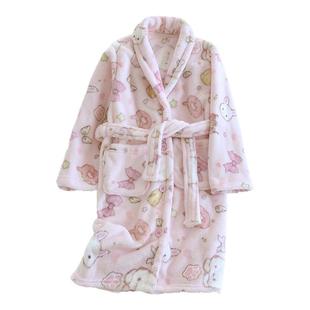 儿童睡袍女童秋冬法兰绒加厚卡通系扣子浴袍珊瑚绒宝宝睡衣家居袍