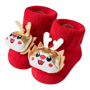 婴儿袜子冬加厚宝宝红色新年袜子男女儿童周岁防滑加厚红色地板袜