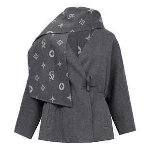 允硕新品高级感短款羊绒大衣围巾领蚕丝羊毛双面呢子外套女496120