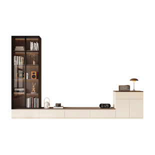 中古风落地电视柜书柜一体靠墙组合收纳储物柜子家用客厅边柜定制