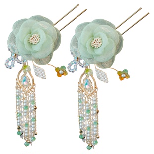 古装配饰汉服清新发饰绿色系绢纱花朵古风汉服头饰唐风长流苏步摇