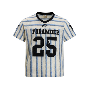 DoubleD美式复古条纹球衣短袖T恤女宽松数字贴布绣设计感运动上衣