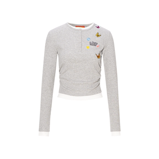 AFGK25FW亨利领蝴蝶刺绣假两件长袖T恤男女修身显瘦秋上衣情侣装