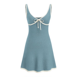 CIDER 针织色撞色镶边系带V领迷你连衣裙女装108589599