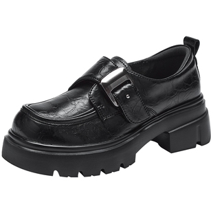 热风厚底乐福鞋女款2025年秋季新款百搭黑色小皮鞋小个子增高女鞋