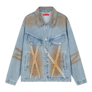 明星同款 INXX机车街头感喷染牛仔外套潮牌美式做旧宽松夹克男女